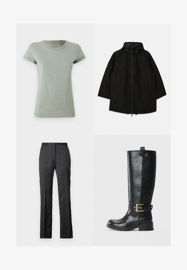 Svart lättviktsjacka med dragkedja, huva med dragsko och bred, lös passform. Har plisserad frontdetalj och en mjuk textur.; Ljusgrön t-shirt i bomull med korta ärmar, rund halsringning och liten A|X-logotyp prydd med glänsande detaljer på bröstet.; Skräddarsydda svarta byxor i en slät tyg. Har rak bendesign, platt fram och subtila veckdetaljer.; Svart läderstövel i knähöjd med låg blockklack, dekorativt guldspänne runt vristen och en dragrem högst upp.
