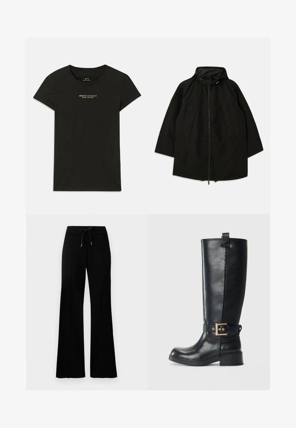Black lightweight jacket with a zip closure, hood with drawstrings, and wide, loose fit. Features pleated front detailing and a smooth texture.; Black short-sleeve Armani Exchange T-shirt with "Armani Exchange Milano / New York" printed in small beige letters on the chest.; Black wide-leg sweatpants with a drawstring waistband, side slit accents, soft fabric, and a sleek design.; Black knee-high leather boot with a low block heel, decorative gold buckle strap around the ankle, and a pull tab at the top.