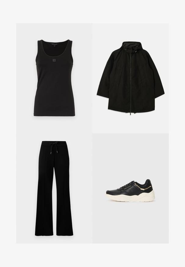 Jachetă ușoară neagră cu închidere cu fermoar, glugă cu șnururi și croială largă, lejeră. Prezintă detalii pliate în față și o textură netedă.; Top negru fără mâneci realizat dintr-un material neted și elastic. Are un decolteu rotund și un mic patch cu logo pe partea din față. Design simplu, ajustat.; Pantaloni de trening negri, cu croială largă, talie cu șnur, detalii cu tăieturi laterale, material moale și un design elegant.; Pantofi sport din piele neagră cu o talpă groasă de nuanță crem, accent cu lanț de culoare aurie și șireturi negre. Textură netedă cu branding embosat pe lateral.