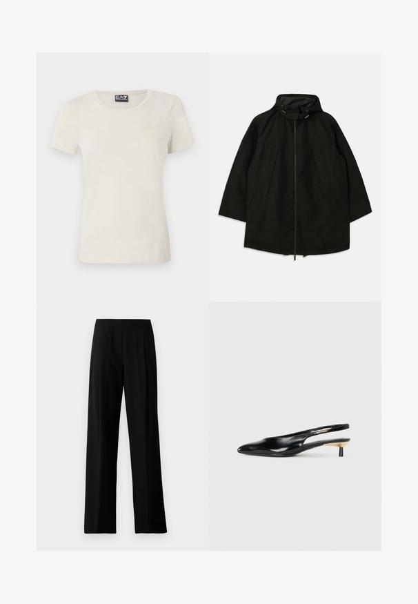 Črna lahka jakna z zadrgo, kapuco s vrvicami in širokim, ohlapnim krojem. Ima gubano sprednje detajliranje in gladko teksturo.; Svetlo bež majica s kratkimi rukavi iz mehke tkanine, ki ima krožni izrez in subtilen vzorec na sprednji strani blizu zgornjega levega kota.; Črne široke hlače iz gladkega materiala, ki imajo ploski pas in sprednje pregibe za elegantni videz. Brez vidne strojne opreme ali vzorcev.; Črne slingback pumpe z ozkim nosom, sijočim usnjem in majhno peto z zlatim akcentom. Elegantna zasnova z odprtim zadnjim delom.
