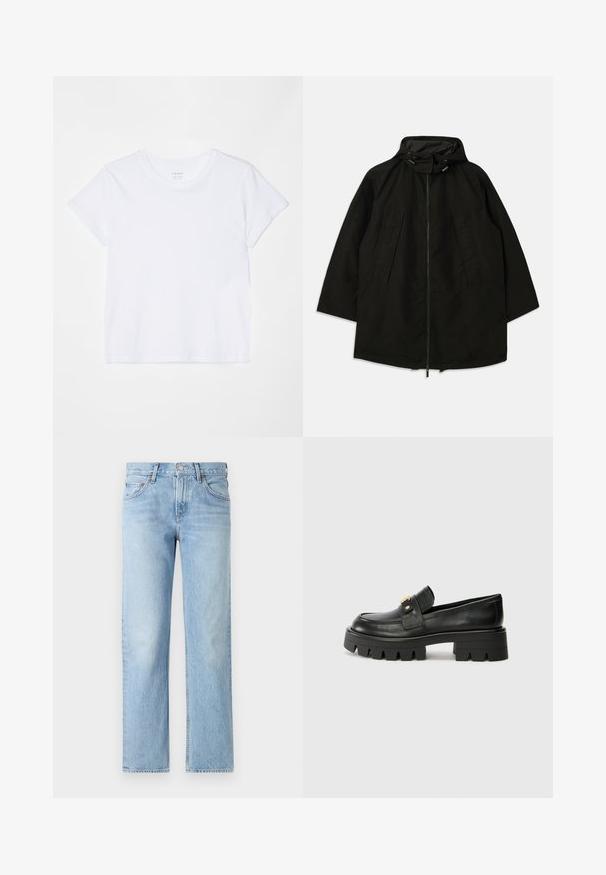 Veste noire légère avec fermeture éclair, capuche à cordons de serrage et coupe large et décontractée. Présente des détails plissés sur le devant et une texture lisse.; FRAME BABY TEE - T-shirt basique - white; Jeans en denim bleu clair avec une coupe droite, cinq poches, fermeture à bouton et zip, et une finition légèrement délavée.; Mocassins en cuir noir avec une semelle épaisse, présentant un accent doré à l'avant et une finition lisse. Design à crampons épais sur la semelle.
