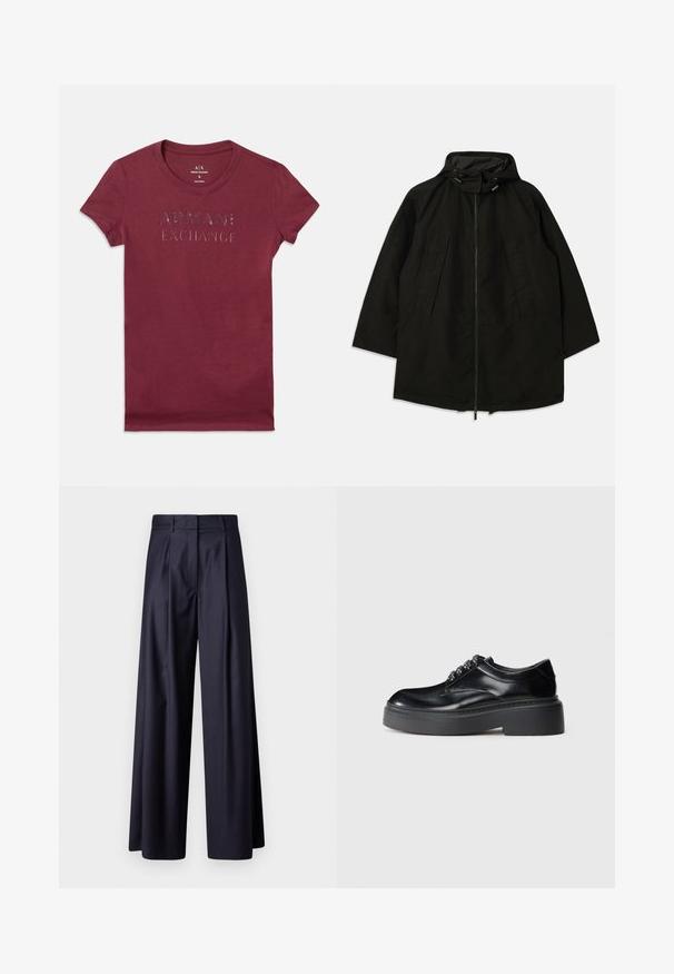 Black lightweight jacket with a zip closure, hood with drawstrings, and wide, loose fit. Features pleated front detailing and a smooth texture.; Burgundy short-sleeve fitted T-shirt with "ARMANI EXCHANGE" printed in shiny black letters across the chest.; Wide-leg trousers in dark navy fabric, featuring pleats, a smooth texture, a tailored design, and a high waistband.; Black leather shoes with a rounded toe, thick platform sole, and decorative lace detailing. Smooth texture and contrast stitching visible.