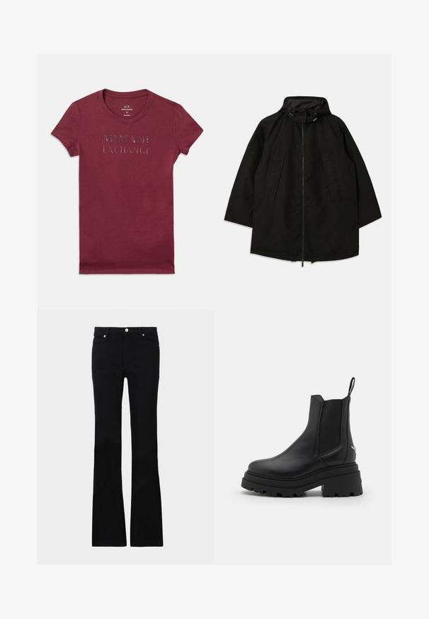 Black lightweight jacket with a zip closure, hood with drawstrings, and wide, loose fit. Features pleated front detailing and a smooth texture.; Burgundy short-sleeve fitted T-shirt with "ARMANI EXCHANGE" printed in shiny black letters across the chest.; Black flared jeans made of denim, featuring two front pockets, a button closure, and a smooth texture. Signature stitching visible at seams.; Black chelsea boots made of smooth leather with elastic side panels, a thick, ridged rubber sole, and a pull tab at the back.