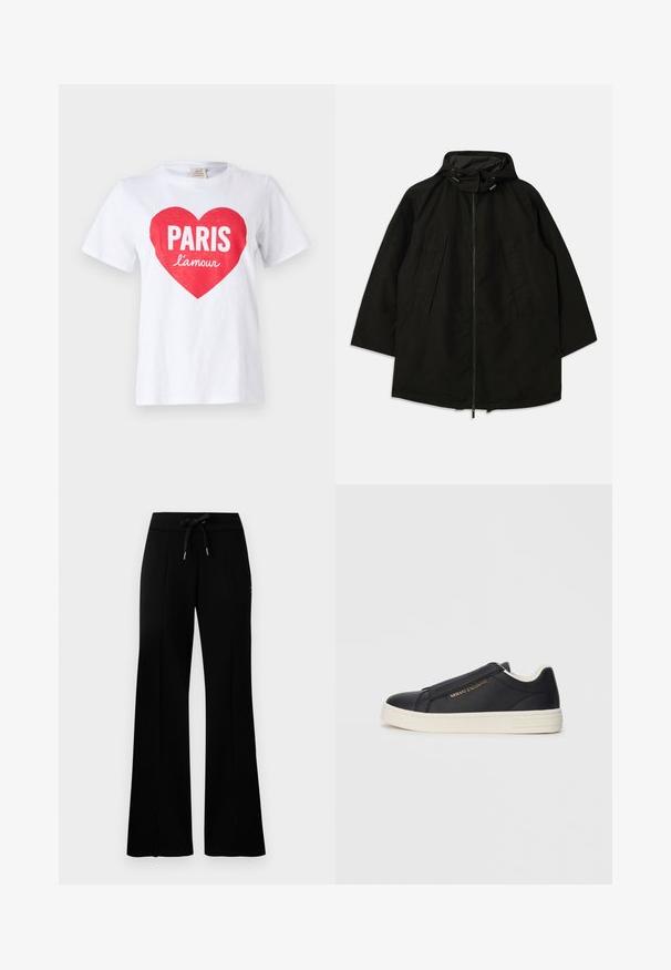 Melnā vieglā jakā ar rāvējslēdzēju, kapuci ar pievilkšanas auklām un plašu, brīvu piegriezumu. Iezīmes - izšūti priekša detaļas un gluda tekstūra.; Balts kokvilnas T-krekliņš ar lielu sarkanu sirdi un vārdu "PARIS" treknajos baltajos burtiem, kā arī "l'amour" mazākā rokrakstā zemāk. Īsas piedurknes.; Melnas platās svārku bikses ar sašūtu jostu, sānu iegriezumiem, mīkstu audumu un glītu dizainu.; Melnā ādas slēgtā sporta apava ar baltu zoli, zelta "Armani Exchange" logo sānos un minimālistiska šuvuma detaļa.