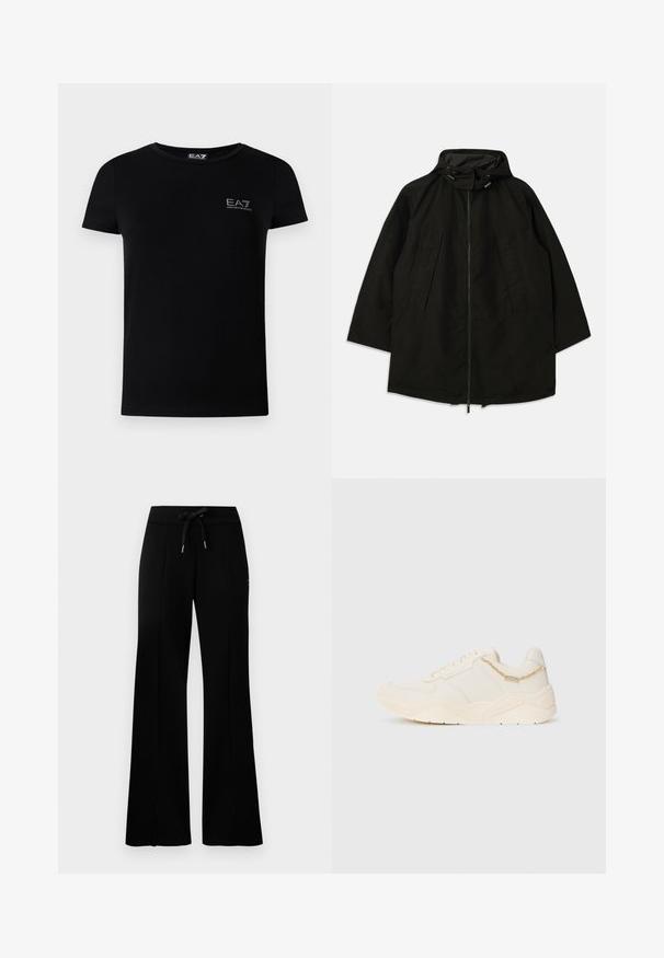 Jachetă ușoară neagră cu închidere cu fermoar, glugă cu șnururi și croială largă, lejeră. Prezintă detalii pliate în față și o textură netedă.; Tricou negru din bumbac, cu decolteu rotund, mâneci scurte și un mic logo EA7 pe pieptul stâng. Design simplu, conținut.; Pantaloni de trening negri, cu croială largă, talie cu șnur, detalii cu tăieturi laterale, material moale și un design elegant.; Tenisii de culoare crem, cu un superior din piele netedă, accente texturate, detalii cusute și o talpă din cauciuc robustă. Prezintă o mică lanț decorativ.
