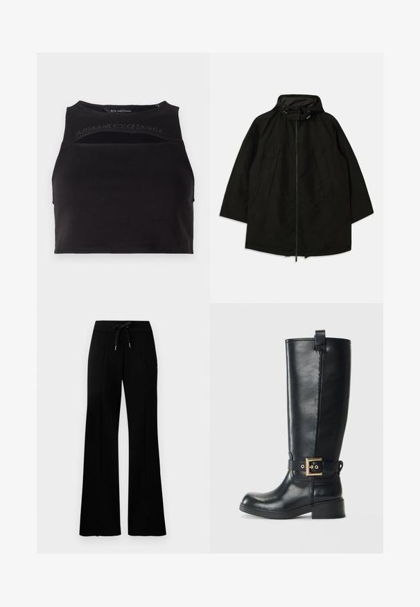 Juoda lengva striukė su užtrauktuku, kapišonu su raišteliais ir plačiu, laisvu kirpimu. Su raukšlėta priekiu ir lygia tekstūra.; Juodas trumpas tankų viršus, pagamintas iš lygaus audinio, su įpjovomis ir priekiniais rašmenimis iš kalnų kristalų. Paprasta, sportinė siluetas.; Juodi platūs sportiniai kelnių su raišteliu liemeniu, šoninėmis įpjovomis, minkšta medžiaga ir elegantiškas dizainas.; Juoda odinė aukščiau kelių batas su žemu bloku kulnu, dekoratyvi auksinė sagtis aplink čiurną ir traukiantis kilpelis viršuje.