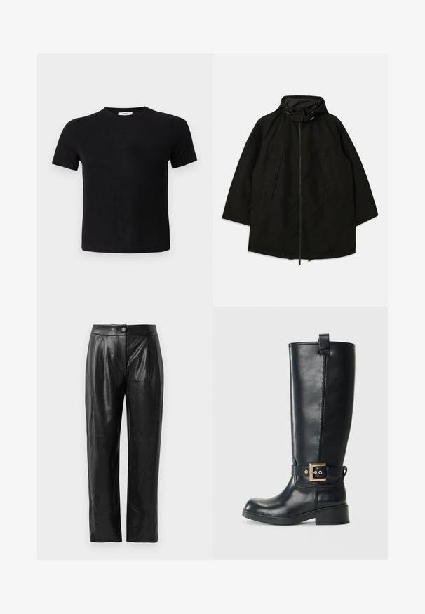 Svart lett jakke med glidelås, hette med snorer og bred, løs passform. Har plisseert frontdetaljering og en glatt tekstur.; Svart t-skjorte med korte ermer laget av myk stoff. Har en klassisk rund hals og en rett kant for et enkelt, allsidig design.; Sorte faux skinnbukser med teksturert overflate, vid ben, frontfold og en knappelukking i midjen.; Sorte knelange læderstøvler med en lav blokhæl, dekorativ guldfarvet spænde om anklen og en løkke øverst.