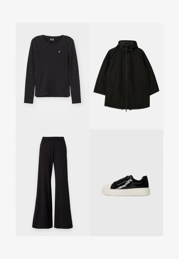 Juoda lengva striukė su užtrauktuku, kapišonu su raišteliais ir plačiu, laisvu kirpimu. Su raukšlėta priekiu ir lygia tekstūra.; Juodas ilgarankovis marškinėlis, pagamintas iš minkštos medžiagos. Turi apvalų kaklą ir mažą logotipą kairėje krūtinės pusėje. Lygus paviršius, laisvas siluetas.; Juodos plačios kelnės, pagamintos iš lygaus audinio, su aukštu, tempiančiu juosmeniu. Kelnės turi pilną ilgį ir paprastą dizainą be raštų.; Žemas sportinis batelis su juodu blizgiu krokodilo raštu, beige guminis padas ir pirštų prispaudimas, juodi raišteliai ir auksinė "Armani Exchange" prekės ženklo etiketė šone.