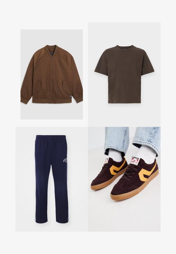Barna bomber dzseki cipzárral elöl, bordázott mandzsettákkal és aljjal, két ferde oldalzsebbel és sima textúrával.; Barna pamut póló rövid ujjakkal és kerek nyakkivágással. Simaság jellemzi, minimalista dizájn, minta vagy egyéb részletek nélkül.; Sötétkék melegítőnadrág, rugalmas derékkal, fehér oldalsávokkal és hímzett szöveggel a bal lábon. Puha, lélegző anyagból készült.; Sötét bordó nubuk sportcipők sárga bőr részletekkel, gumitalppal és fehér fűzővel. A márkázás látható a nyelvén.