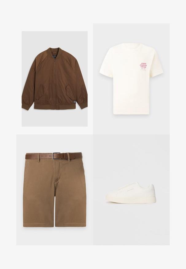 Veste aviateur marron avec fermeture éclair à l'avant, poignets et ourlet côtelés, deux poches latérales inclinées et une texture lisse.; T-shirt blanc à manches courtes avec le texte rouge "Édition Originals du Studio" sur la poitrine gauche, présenté sur un fond gris neutre.; Shorts en coton marron avec une surface texturée, dotés d'une ceinture en cuir marron avec une boucle en argent et d'une coupe droite classique.; Baskets blanches sans lacets avec une surface texturée, une semelle épaisse et un design minimaliste. Présente le logo de la marque sur le côté.