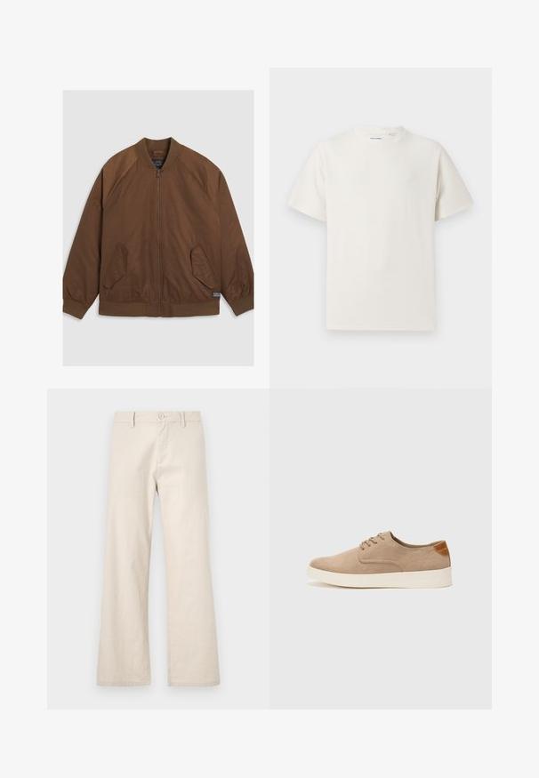 Brązowa kurtka bomberka z zamkiem błyskawicznym z przodu, ściągaczami na mankietach i u dołu, dwoma skośnymi bocznymi kieszeniami oraz gładką fakturą.; Biała krótka koszulka z krótkim rękawem o żebrowanej fakturze. Okrągły dekolt, luźny krój, brak widocznych wzorów lub akcentów. Prosty i uniwersalny design.; Beżowe spodnie typu wide-leg wykonane z lekkiego materiału, z zapięciem na guziki i kieszeniami z przodu, o gładkim, nie teksturowanym wykończeniu.; Beżowe zamszowe sneakersy z okrągłym noskiem, sznurowanym przodem i teksturowanym akcentem na tyle. Biała gumowa podeszwa tworzy kontrast. Prosty i nowoczesny design.