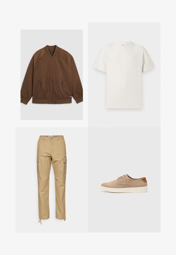 Bruine bomberjack met een rits aan de voorkant, ribgebreide manchetten en zoom, twee schuin geplaatste zijzakken en een gladde textuur.; Witte korte mouwen T-shirt met ribbelstructuur. Ronde hals, ontspannen pasvorm, geen zichtbare patronen of accenten. Eenvoudig en veelzijdig ontwerp.; Khaki cargobroek met een rechte pasvorm, gemaakt van katoen. Kenmerken zijn onder andere zijzakken, een knoopsluiting en verstelbare enkelbandjes.; Beige suède sneakers met een ronde neus, vetersluiting aan de voorkant en een getextureerde achteraccent. De witte rubberen zool zorgt voor contrast. Eenvoudig en modern ontwerp.