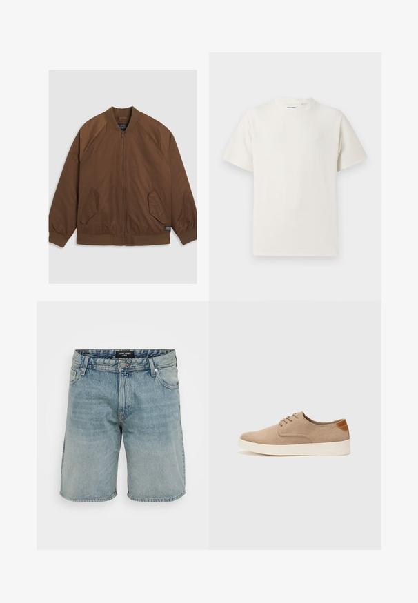 Hnedá bombera bunda so zipsom vpredu, rebrovanými manžetami a spodným lemom, dvoma šikmými bočnými vreckami a hladkou textúrou.; Biela krátka tričko s krátkym rukávom so žebrovanou textúrou. Okrúhly výstrih, uvoľnený strih, žiadne viditeľné vzory ani akcenty. Jednoduchý a všestranný dizajn.; Svetlomodré džínsové šortky s voľným strihom, klasickým dizajnom s piatimi vreckami a zapínaním na gombík a zips na prednej strane.; Béžové semišové tenisky s okrúhlou špičkou, šnurovaním vpredu a textúrovaným zadným akcentom. Biela gumová podrážka poskytuje kontrast. Jednoduchý a moderný dizajn.