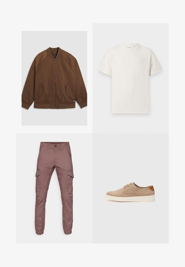 Hnědá bomber bunda se zipem vpředu, žebrovanými manžetami a lemem, dvěma šikmými postranními kapsami a hladkou texturou.; Bílý krátký rukáv tričko s pružnou strukturou. Kulatý výstřih, volný střih, bez viditelných vzorů nebo detailů. Jednoduchý a univerzální design.; Cargo kalhoty z měkké bordó tkaniny s elastickými manžetami, několika bočními kapsami a plochým předním designem, vhodné pro volnočasové nošení nebo outdoorové aktivity.; Béžové semišové tenisky s kulatou špičkou, šněrováním vpředu a texturovaným zadním akcentem. Bílá gumová podrážka poskytuje kontrast. Jednoduchý a moderní design.