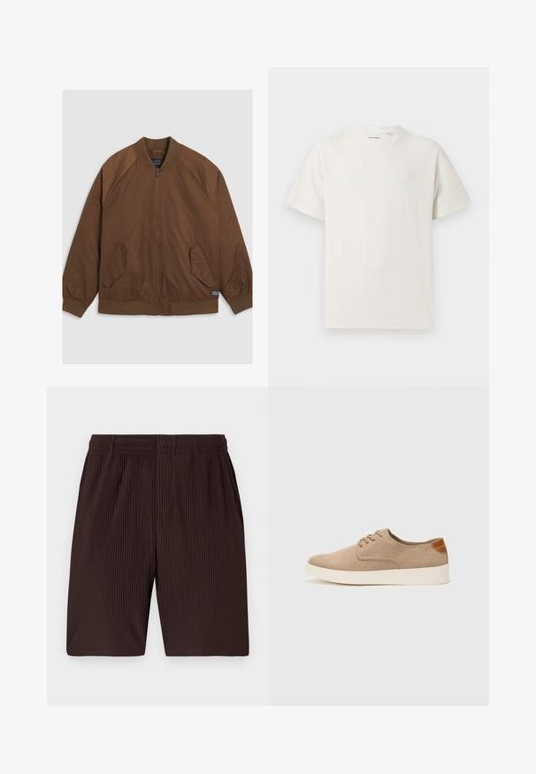 Veste aviateur marron avec fermeture éclair à l'avant, poignets et ourlet côtelés, deux poches latérales inclinées et une texture lisse.; T-shirt blanc à manches courtes en texture côtelée. Encolure ronde, coupe décontractée, sans motifs ni accents visibles. Design simple et polyvalent.; Shorts plissés marron avec une taille élastique et des poches, fabriqués en tissu léger. L'ourlet arrive juste au-dessus du genou.; Baskets en daim beige avec un embout arrondi, un laçage sur le devant et un accent texturé à l'arrière. La semelle en caoutchouc blanche offre un contraste. Design simple et moderne.