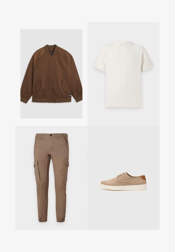 Braune Bomberjacke mit Reißverschluss, gerippten Bündchen und Saum, zwei schrägen Seitentaschen und einer glatten Textur.; Weißes T-Shirt mit kurzen Ärmeln in gerippter Textur. Runder Ausschnitt, lockere Passform, keine sichtbaren Muster oder Akzente. Einfaches und vielseitiges Design.; Hellbraune Cargo-Hosen mit elastischen Bündchen, mehreren Seitentaschen und taillierter Passform, gefertigt aus einem glatten, strapazierfähigen Material.; Beige Wildleder-Sneaker mit runder Zehenpartie, Schnürung und strukturiertem Rückenteil. Die weiße Gummisohle sorgt für einen Kontrast. Einfaches und modernes Design.