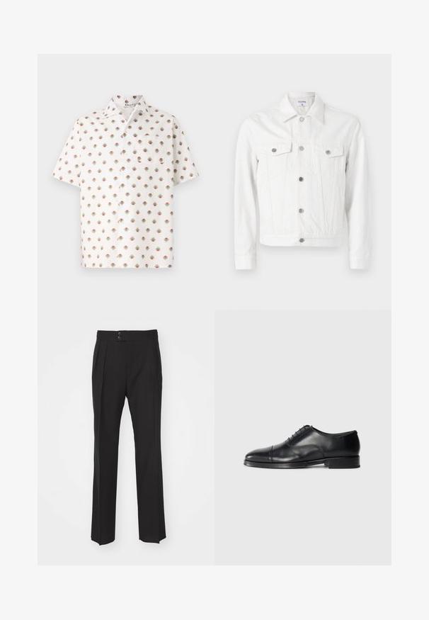 Weißes Denim-Jacket mit durchgehender Knopfleiste, zwei Brusttaschen und spitzem Kragen. Verfügbar mit silbernen Knöpfen und strukturierter Passform.; Kurzarmhemd aus weißem Stoff, mit einem wiederholten Blumenmuster in Blau, Rot und Gold, versehen mit einer linken Brusttasche und Knopfverschluss.; Schwarze maßgeschneiderte Hose mit geradem Bein, zwei Fronttaschen und einer doppelten Knopfverschluss an der Taille. Glatte Stoffoberfläche.; Schwarze Lederanzugschuhe mit gerundetem Zeh, glatter Oberfläche, Schnürdesign und dezentem Nahtdetail, ausgestattet mit einem niedrigen, flachen Absatz.