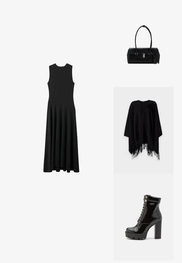 Mustapontso, joka on valmistettu pehmeästä materiaalista, jossa on löysä muotoilu, avoin etuosa, leveät hihat ja hapsulliset reunat alaosassa.; Musta hihaton maxi-mekko, jossa on tiukka yläosa ja levenevä helma. Mekossa on sileä pinta ja minimalistinen muotoilu ilman näkyviä kiinnityksiä.; RAID KYNLEE - Nauhalliset nilkkurit - black; Musta nahkalaukku, jossa on sileä pinta, strukturoidun muotoilun, kaksinkertaiset kahvat ja hopeinen solki yksityiskohtana keskellä.