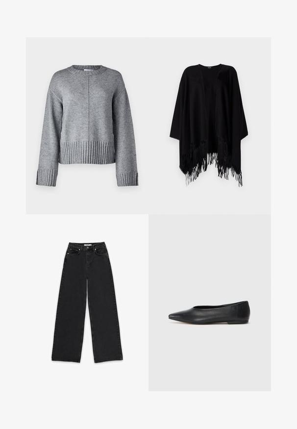 Melnā pončo, izgatavots no mīksta materiāla, ar brīvu piegriezumu, atvērtu priekšu, plašām piedurknēm un frizētām malām apakšā.; Pelēks adīts džemperis ar apaļu kaklu, nokritušiem pleciem un ribotu apakšmalu un piedurknēm. Mīksta tekstūra un viegls audums, īsā dizaina.; Melna platā kāju džinsi, izgatavoti no denima, ar augstu jostasvietu, divām priekšējām kabatām un pogu aizdari ar rāvējslēdzēju.; Melna ādas baleta kurpe, ar norādītu purngalu, minimālisma dizains, gluda tekstūra, zema papēža augstums, bez redzamiem aksesuāriem vai rotājumiem.