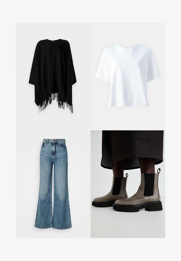 Poncho nero realizzato in materiale morbido, con un design ampio, apertura anteriore, maniche larghe e bordi frangiati in fondo.; T-shirt bianca in cotone con colletto rotondo, maniche corte, vestibilità comoda e texture liscia. Nessun motivo o accento visibile.; Jeans in denim blu chiaro, a vita alta e gamba larga, con tasche frontali e chiusura a bottoni, mostrati su uno sfondo bianco semplice.; Stivaletti grigi alla caviglia realizzati in pelle testurizzata con pannelli laterali elastici e una suola nera spessa. Presentano dei tiranti per una facile calzata.