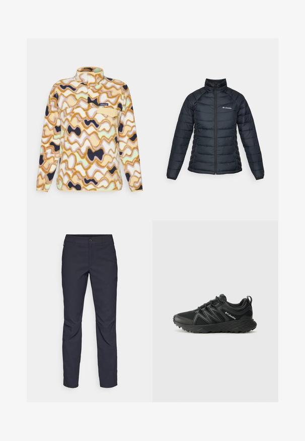 Fekete puffdzseki steppelt mintával, magas gallérral és teljes cipzárral. Bal oldalon logóval és rugalmas mandzsettákkal rendelkezik.; Patagonia SNAP - Polárpulóver - natural; Sötétkék nadrág sima anyagból, elülső gombos záródással, slim-fit fazonnal és gyűrött részletekkel a térdeken.; Columbia PEAKFREAK - Túracipők - black