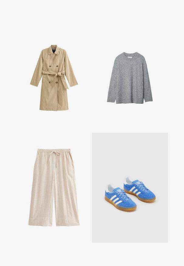 Beige trench coat made of lightweight fabric, double-breasted design, belted waist, with two side pockets and a lined collar.; Gray knitted sweater with a round neckline, dropped shoulders, and ribbed cuffs. Soft texture and loose-fit design. No patterns or accents.; Beige linen culottes with an elastic waistband, adjustable drawstring, side pockets, and a relaxed wide-leg silhouette.; Blue suede sports shoes with white striped accents, rubber sole, and padded collar for comfort. Features classic lace-up design.