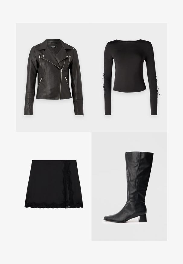 Jachetă de motocicletă din piele neagră, cu un design ajustat, fermoar asimetric în față și trei buzunare cu fermoar. Include epoleți pe umeri.; Top negru cu mânecă lungă și guler rotund. Dispune de legături ajustabile la mâneci, realizat dintr-un material neted și elastic.; Even&Odd Fustă mini - black; Boot din piele neagră, până la jumătatea gambei, cu vârf ascuțit și toc pătrat, pe un fundal luminos simplu.