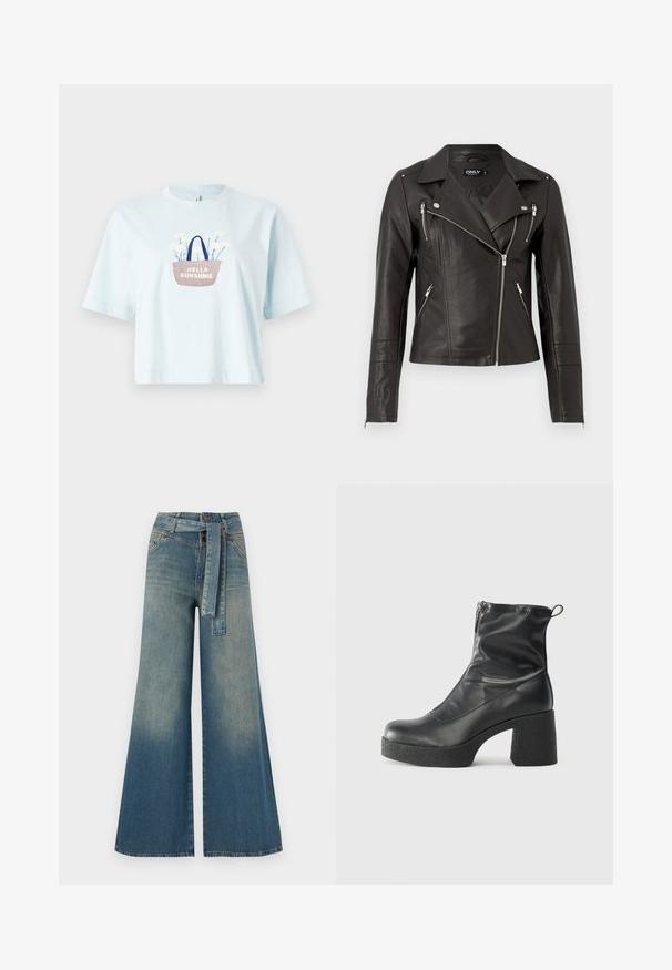Black leather motorcycle jacket with a fitted design, asymmetrical front zipper, and three zippered pockets. Features shoulder epaulets.; Light blue cotton t-shirt with short sleeves, featuring an embroidered basket design with flowers and the text "HELLO SUNSHINE."; Wide-leg denim trousers featuring a light to dark blue gradient, high waist, belt loops, and a matching fabric belt. Textured denim finish.; Black ankle boots made of smooth leather, featuring a side zipper, chunky textured heel, and rounded toe design.