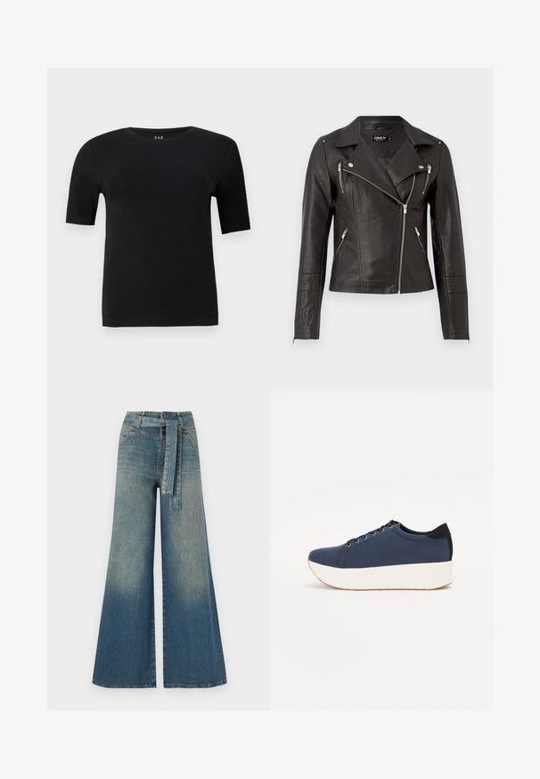 Čierna kožená motorkárska bunda s priliehavým strihom, asymetrickým predným zipsom a tromi zipsovými vreckami. Obsahuje ramenné epauletky.; Čierne tričko s krátkymi rukávmi z jemnej bavlny, s okrúhlym výstrihom a jednoduchým dizajnom bez viditeľných vzorov alebo akcentov.; Džínsy s širokými nohavicami, ktoré majú prechod od svetlomodrej po tmavomodrú, vysoký pás, pútka na opasok a opasok z rovnakého materiálu. Textúrovaný denimový povrch.; Námornícky modré tenisky s textúrovaným textilným zvrškom, bielou platformovou podrážkou, zaoblenou špičkou a čiernym akcentom na päte. Obsahujú šesť otvorov na šnúrky.