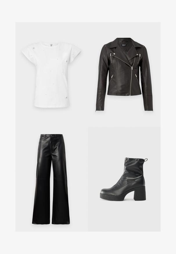 Sort lær motocrossjakke med en tettsittende design, asymmetrisk frontglidelås og tre glidelåslommer. Har skulderepauletter.; Hvit bomulls T-skjorte med korte ermer, prydet med små perler og blomsterakenter fordelt over stoffet.; Sorte høy midje vide ben bukser i imitert skinn med knapp foran, glidelås, beltehemper og sidelommer på hvit bakgrunn.; Svarte ankelstøvler laget av glatt lær, med glidelås på siden, chunky strukturert hæl, og rund tå-design.