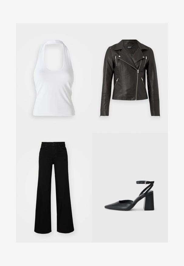 Sort lær motocrossjakke med en tettsittende design, asymmetrisk frontglidelås og tre glidelåslommer. Har skulderepauletter.; Hvit halterneck-top med scoop-hals, laget av glatt, elastisk stoff. Har et minimalistisk design uten dekorasjoner eller mønstre.; Svart vide bukser laget av denim, med en strukturert midjebånd, beltestropper og frontlommer. Glatt tekstur med et klassisk design.; Svart lær pumps med spiss tå, ankelrem og kraftig hæl. Flat tekstur, strømlinjeformet design og minimalisme.