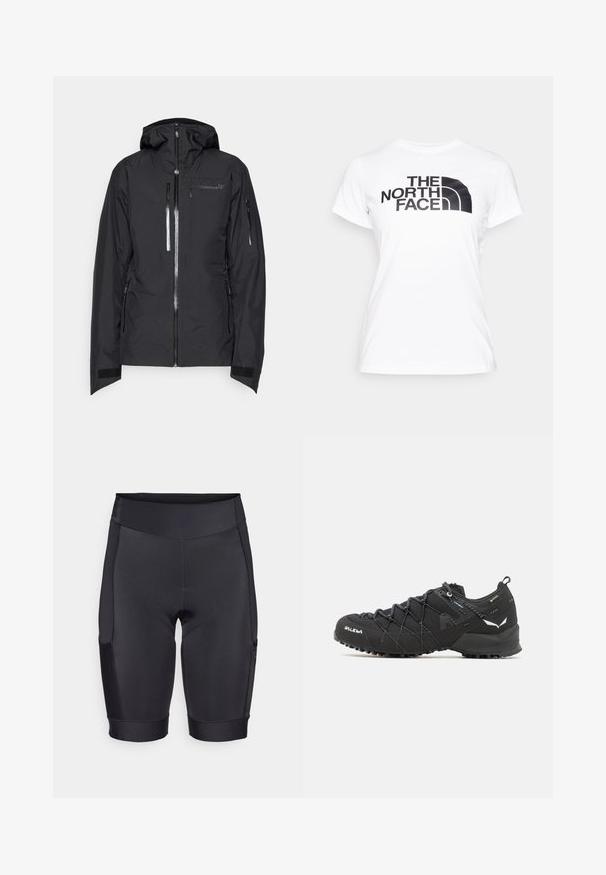 Černá voděodolná bunda s kapucí, předním zipem, dvěma zipovými kapsami a suchými zipy na manžetách. Vyznačuje se elegantním designem a lehkým materiálem.; Bílé bavlněné tričko s černým grafickým potiskem loga "THE NORTH FACE" na přední straně. Krátké rukávy a kulatý výstřih.; Černé sportovní šortky vyrobené z elastického materiálu, s přiléhavým střihem, polstrovaným sedem a boční kapsou na úložný prostor.; Černé turistické boty s texturovaným tkaninovým svrškem, šněrovacím systémem a robustní gumovou podrážkou. Ozdobené reflexními detaily a logy.