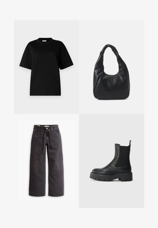 Melnā pūkainā jakā ar augstu apkakli, jostu viduklī un pogu aizdari. Izgatavota no spīdīga auduma ar izšūtu rakstu un mīkstu tekstūru.; Gina Tricot BASIC OVERSIZED TEE - Pamata T-krekls - black; Pelēka džinsu krekla ar pogājamām durvīm, punktu apkakli un vienu krūšu kabatu. Iezīmē garas piedurknes un brīvu piegriezumu.; Melni platajā grieztie džinsi, izgatavoti no denima, ar jostu ar auklu, piecām kabatām un kontrastējošām šuvēm. Dzegužu priekšpuse.; Melnas ādas potītes zābaki ar elastīgām sānu daļām, noapaļotu purngalu un masīvu teksturētu gumijas zoli. Aizdare aizmugurē.; Melnā hobo soma, kas izgatavota no gludas ādas līdzīga materiāla, ar savītu rokturi, ar mīkstu, noapaļotu formu un augšējo rāvējslēdzēju.; Sudraba gredzenu komplekts, kas ietver loku formas dizainu, trīs gludas joslas, no kurām viena ir ar sirds detalizāciju, un dažādu formu gredzenus, visi pulēti.