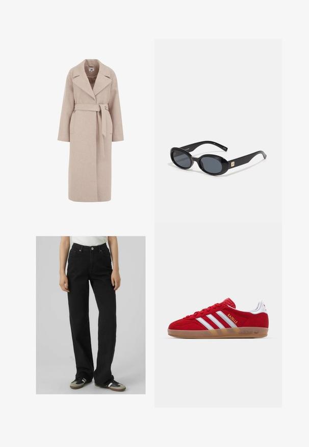 Heledbež värvi villasegu mantel, millel on lõhikall, pikad varrukad, vöödiga talje ja küljetaskud; sile tekstuur ja põlvini ulatuv disain.; Next RACER TANK - Topp - white rib; Mustad kõrge vöökohtadega teksad, sirge sääre lõikega, valmistatud denimist, millel on kaks esikülje taskut ja messingist detailid.; Punane sametist tennisekes, millel on valge kolmestriibuline disain ja kuldne "Gazelle" tekst. Varustatud kummist tallaga ja tekstureeritud kontsaga.; Mustad musta ovaalsetes prillides tumedate läätsedega, läikiva plastikraamiga, laiad varred ning ühel küljel väike kullatooniline aktsent.; Pruun faux nahast õlaline kott, millel on kaarjas kuju, minimaalne õmblemine ja kuldse tooni metallist aksessuaar. Omab ülemist tõmblukku ja reguleeritavat rihma.