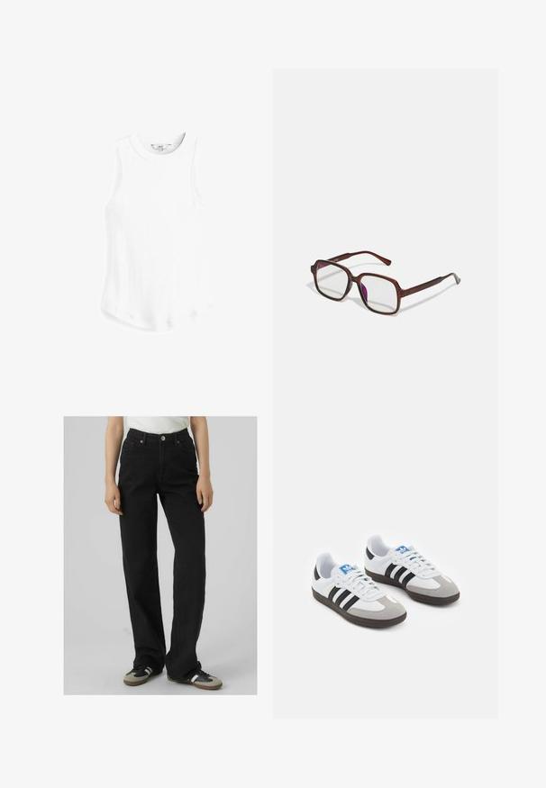 Cappotto in misto lana colore beige chiaro con colletto a punta, maniche lunghe, vita con cintura e tasche laterali; texture liscia e design fino al ginocchio.; Next RACER TANK - Top - white rib; Jeans neri a vita alta con una vestibilità dritta, realizzati in denim, dotati di due tasche anteriori e dettagli in ottone.; Scarpe sportive con tomaia in pelle bianca, punta in suede grigia e tre strisce nere. Presentano un logo blu sulla linguetta e una suola in gomma testurizzata.; Occhiali rettangolari marroni con lenti trasparenti e tonalità viola. Montatura in plastica liscia con stanghette dritte e accenti sottili.; Borsa a spalla in finta pelle marrone con forma curvata, cuciture minime e un accento in metallo dorato. Presenta una chiusura con zip superiore e una tracolla regolabile.