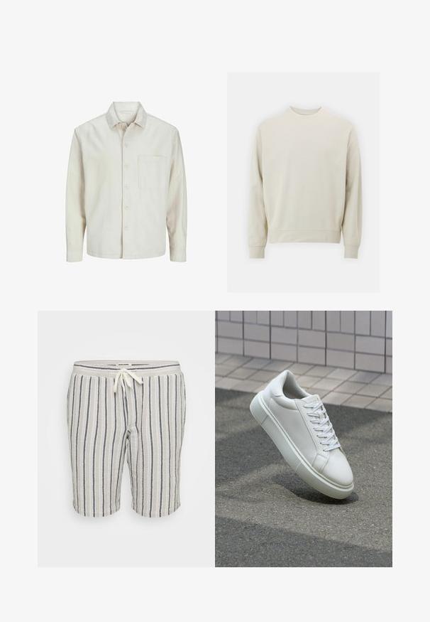 Beige knap-skjorte lavet af bomuld med klassisk krave, lange ærmer, en brystlomme og en afslappet pasform. Glat, blød tekstur.; Lys beige sweatshirt lavet af blødt stof med rund hals, lange ærmer og ribbede manchetter og kant. Minimalistisk design uden synlige mønstre.; Linned Blend shorts med vertikale striber i antracit og creme, featuring en elastisk talje med snøre og længde over knæet.; Hvide lædersneakers med en glat overflade, rund tå og flade hvide snørebånd. Har en tekstureret gummisål og minimalt design.