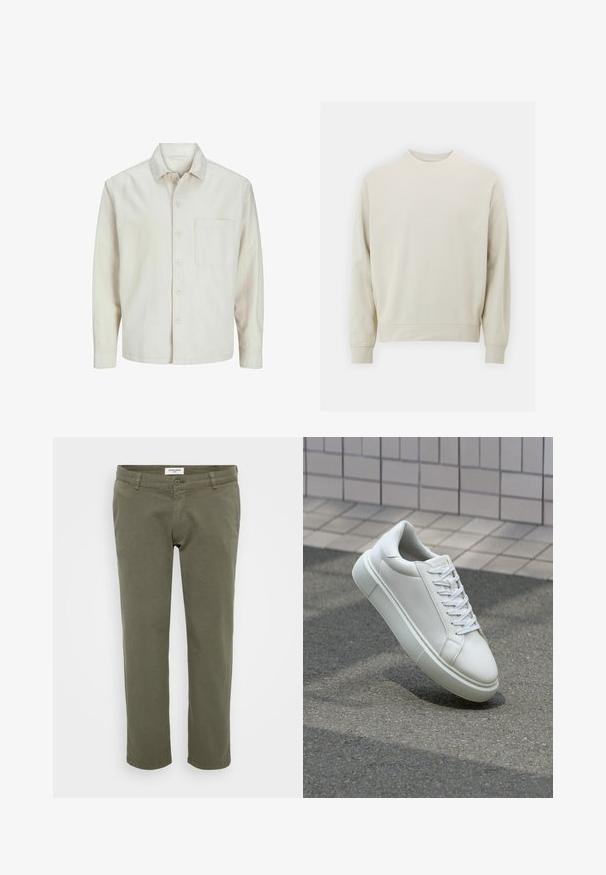Béžová košeľa s gombíkmi vyrobená z bavlny, s klasickým golierom, dlhými rukávmi, jednou náprsní kapsou a voľným strihom. Hladká, mäkká textúra.; Svetlo béžová mikina vyrobená z mäkkej tkaniny s okrúhlym výstrihom, dlhými rukávmi a pruhovanými manžetami a lemom. Minimalistický dizajn, bez viditeľných vzorov.; Olivovo zelené chinos nohavice so rovnými nohavicami, vyrobené z bavlny s jemnou textúrou, s gombíkovým zapínaním a pútkami na opasok.; Biele kožené tenisky s hladkým povrchom, okrúhlym špičkou a plochými bielymi šnúrkami. Obsahuje štruktúrovanú gumovú podrážku a minimalistický dizajn.