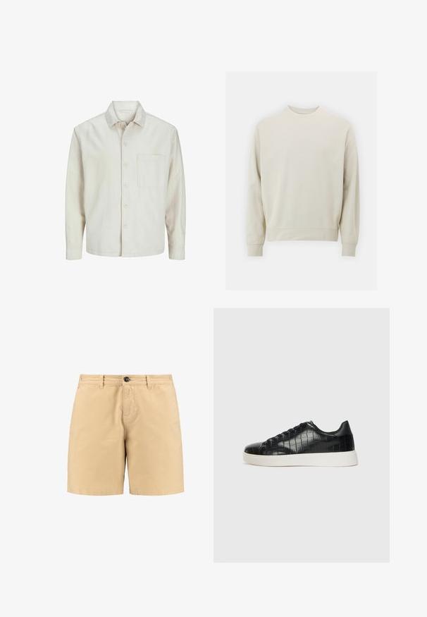 Šviesiai rudos spalvos medvilninis marškinis su klasikiniais atvartais, ilgomis rankovėmis, viena krūtine kišenė ir laisvas fasonas. Sklandus, minkštas paviršius.; Šviesiai smėlinis džemperis, pagamintas iš minkštos medžiagos, su apvaliu kaklu, ilgomis rankovėmis, ir rebrastu rankogaliu bei apatine dalimi. Minimalistinis dizainas, be matomų raštų.; Bežinės medvilninės šortai su sagos uždarymu, priekinėmis kišenėmis ir diržo kilpomis. Paprastas dizainas su tiesiu pjūviu ir švelniu tekstūru.; Juodi sportiniai batai su tekstūruotu krokodilo odos pamušalu, apvalia kojų dalimi ir kontrastinga balta guma su lygiu paviršiumi.