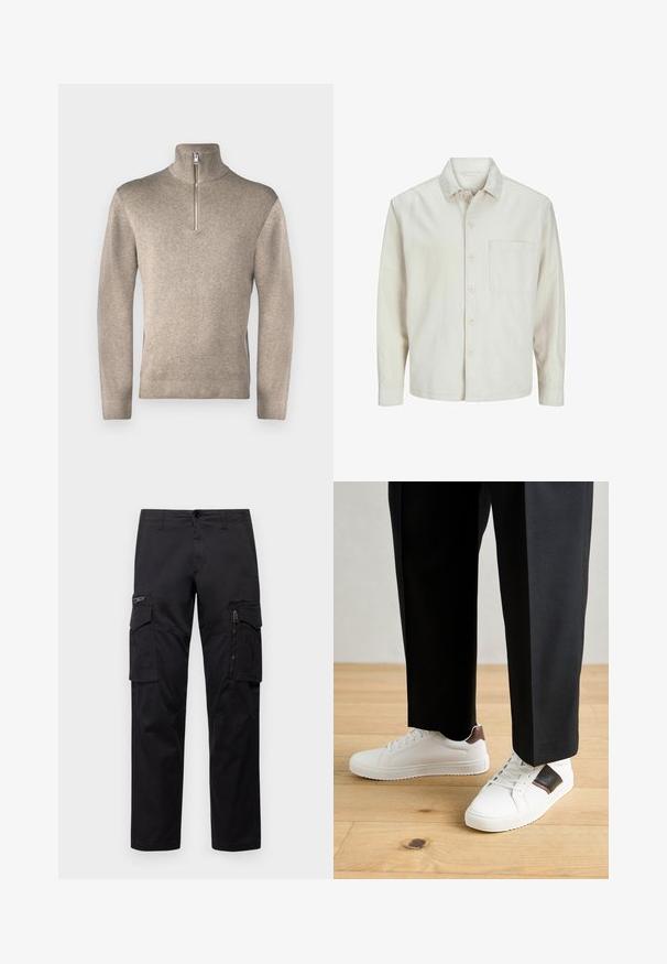 Beige overhemd met knopen, gemaakt van katoen, met een klassieke kraag, lange mouwen, één borstzak en een comfortabele pasvorm. Glad, zacht textuur.; Jack & Jones PREMIUM JPRBLAMILANO HALF ZIP - Trui - greige; Zwarte cargobroek met meerdere zakken, een ritszak op de dij, rechte pasvorm en stevige katoen met een subtiele glans.; Witte sneakers met een gladde textuur, voorzien van bruine lederen accenten en zwarte details, gecombineerd met zwarte maatpakken. Achtergrond van houten vloeren.