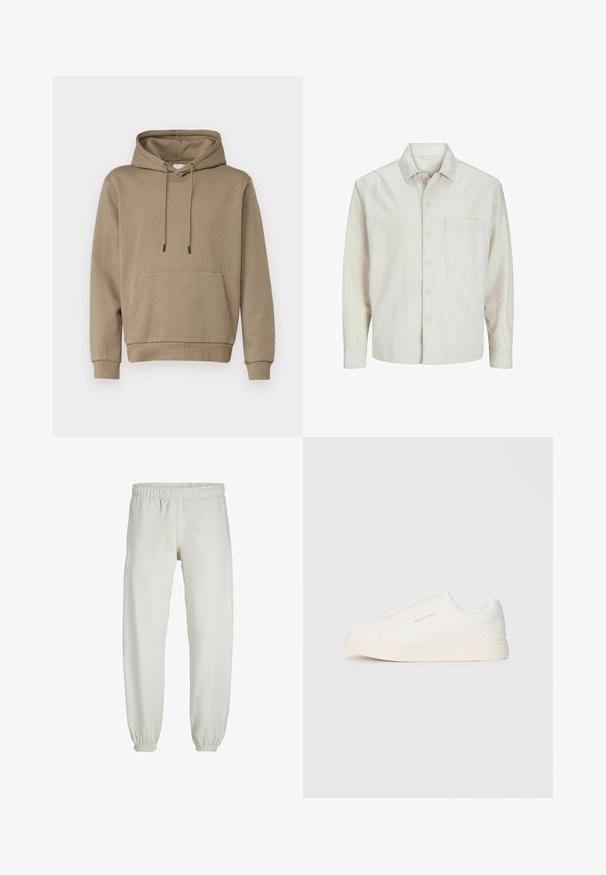 Beige overhemd met knopen, gemaakt van katoen, met een klassieke kraag, lange mouwen, één borstzak en een comfortabele pasvorm. Glad, zacht textuur.; Hoodie in lichtbruin, gemaakt van zacht stof. Voorzien van een kangoeroezak en geribbelde manchetten. Eenvoudig ontwerp met trekkoorden.; Witte sweatpants gemaakt van zachte stof, met een elastische tailleband en boorden, een gladde textuur en een losvallend ontwerp.; Witte instap sneakers met een gestructureerd oppervlak, een dikke zool en een minimalistisch ontwerp. Bevat het merklogo aan de zijkant.