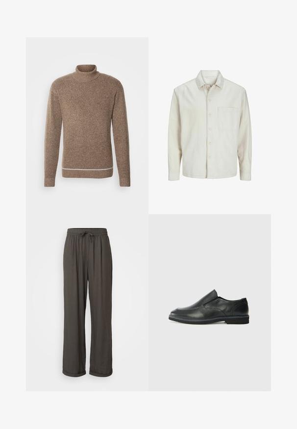 Chemise beige à manches longues en coton, avec un col classique, une poche poitrine et une coupe décontractée. Texture lisse et douce.; INDICODE JEANS Pullover - otter; Pantalons larges gris foncé avec taille à cordon, fabriqués dans un tissu doux et texturé, présentant des ourlets retroussés aux chevilles.; Chaussure slip-on en cuir noir avec une tige lisse, des accents cousus, un bout arrondi et un petit talon en caoutchouc. La semelle présente un profil de traction minimal.