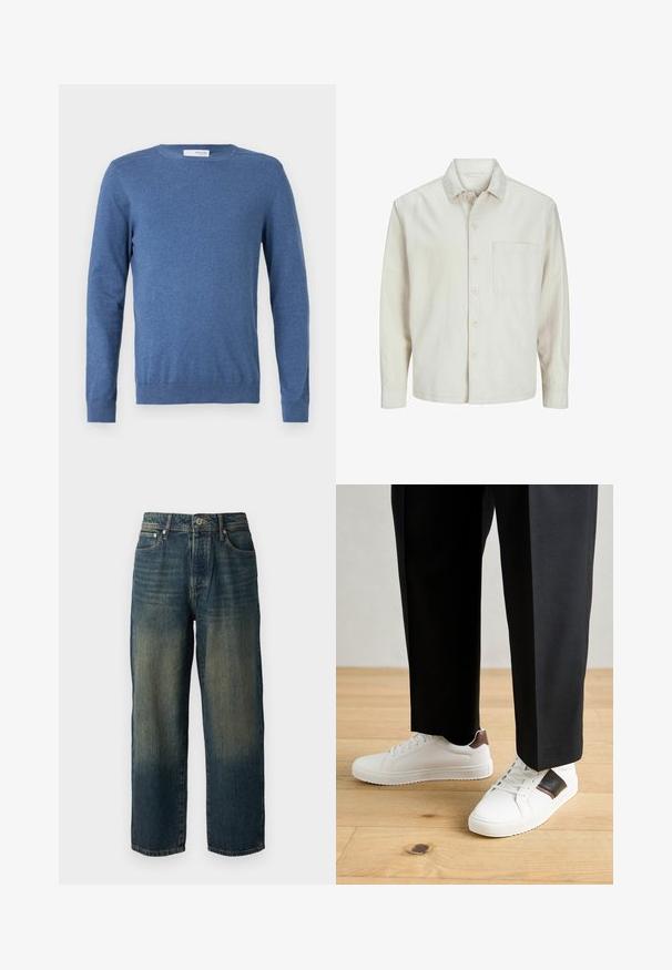 Beige színű, pamut anyagú gombos ing, klasszikus gallérral, hosszú ujjakkal, egy mellzsebbel és laza szabással. Sima, puha tapintású.; Kék, hosszú ujjú pulóver puha anyagból. Kerek nyakkivágással, bordás mandzsettával és testhez simuló fazonnal rendelkezik, minta vagy egyéb díszítés nélkül.; Kék farmernadrág egyenes szabással, elhasználódott dizájnnal, a szár aljához közel világosabb árnyalatokkal, öt zsebbel és gombbal záródik.; Fehér sneaker, sima textúrával, barna bőr díszítéssel és fekete részletekkel, fekete szabott nadrággal párosítva. Fából készült padló háttér.