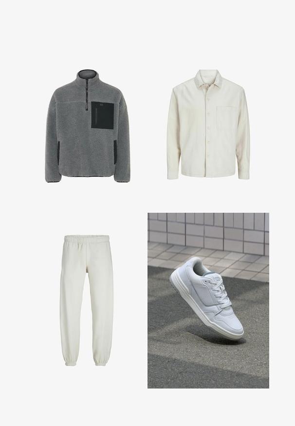 Beige overhemd met knopen, gemaakt van katoen, met een klassieke kraag, lange mouwen, één borstzak en een comfortabele pasvorm. Glad, zacht textuur.; Fleece pullover in lichtgrijs met een gestructureerde stof, kwart-rits sluiting en zwarte zakaccenten op de borst en zijkanten.; Witte sweatpants gemaakt van zachte stof, met een elastische tailleband en boorden, een gladde textuur en een losvallend ontwerp.; Witte lederen sneaker met geperforeerde zijkanten, gestructureerde accenten, platte veters en een contrasterende grijze hiel. Voorzien van een iets verhoogde zool.