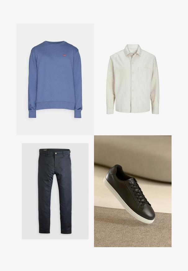 Camisa de botón de color beige hecha de algodón, con un cuello clásico, mangas largas, un bolsillo en el pecho y un corte relajado. Textura suave y lisa.; Sudadera azul de mezcla de algodón, con cuello redondo, puños acanalados y un pequeño logo rojo de Levi's en el lado izquierdo del pecho.; Pantalones azul marino hechos de tela suave, con cierre de botón, pasadores para cinturón y detalles de costura sutil; diseño clásico de pierna recta.; Zapatilla de cuero negra con suela de goma blanca y cordones negros, posicionada sobre una superficie y fondo de tela beige.