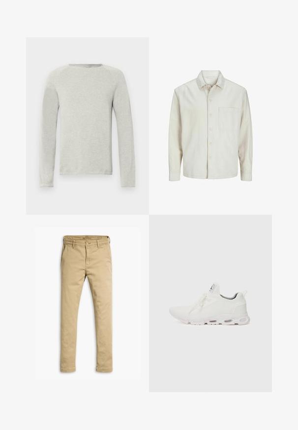 Beige nööbiga särk, mis on valmistatud puuvillast, klassikalise krae, pikkade varrukate, ühe rinnatasku ja avara lõikega. Sujuv, pehme tekstuur.; Heledad halli pikkade varrukatega särk ümmarguse kaelusega, tekstuurse kangaga ja raglanvarrukatega. Lihtne disain, ilma nähtavate logode või mustriteta.; Kreemi värvi puuvillased chinod, sirge jala disainiga, esiküljel ja tagaküljel taskud ning nupukattega sulgemine koos vööloopidega.; Valged sportijalatsid, millel on tekstuuriga kudum peal, lame paelad ja pehmendatud tallad nähtavate õhukambritega täiendava toe jaoks.