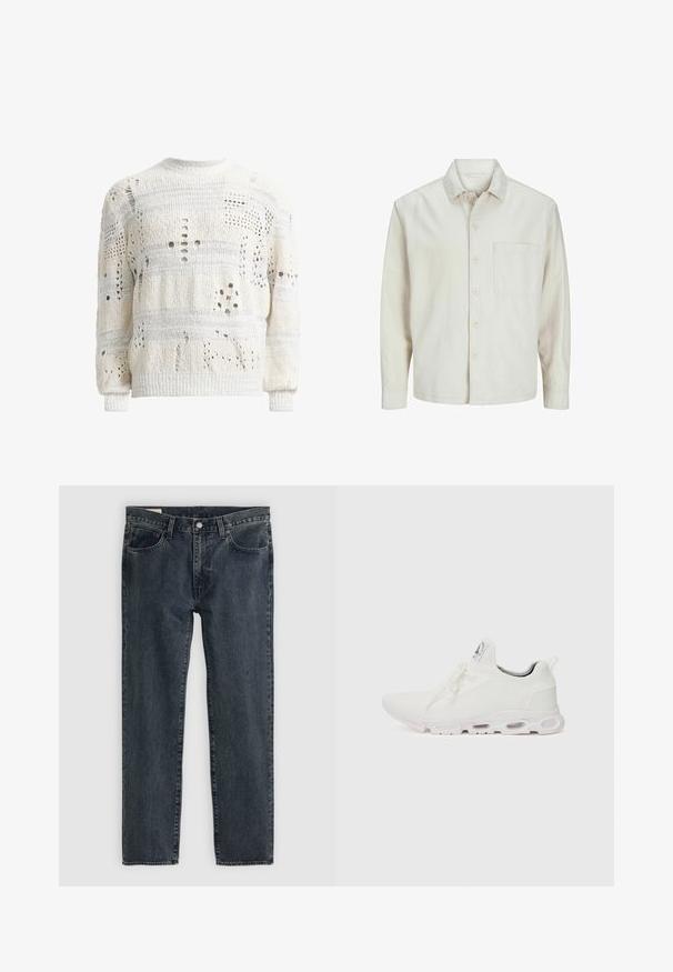 Beige pogrieta krekls no kokvilnas ar klasisku apkakli, garām piedurknēm, vienu krūšpocketu un brīvu piegriezumu. Gluda, maiga tekstūra.; Balts adīts džemperis ar dažādām izgrieztām formām, ar teksturētu virsmu un ribotām piedurknēm. Ar apaļo kaklu, nedaudz pārspīlēts piegriezums.; Tumši zili džinsi ar taisnu kāju dizainu, pieci kabatas un pogu aizdare. Audums rāda vieglu izbalēšanu un faktūru.; Baltas sporta apavi ar teksturētu adītu augšdaļu, platiem auklām un mīkstinātu zoli ar redzamām gaisa kamerām papildu atbalstam.