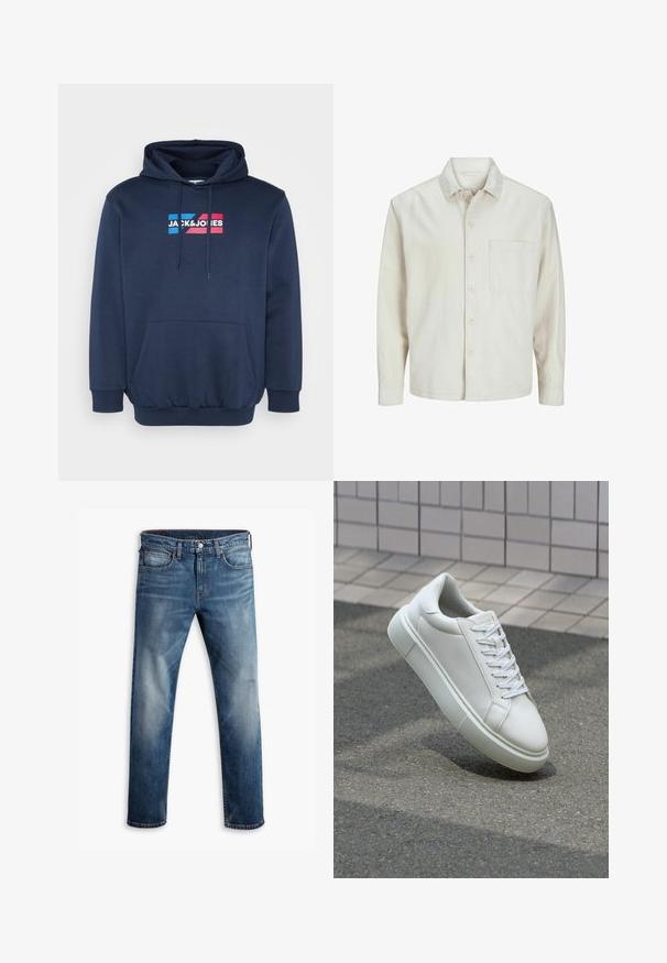 Beige nööbiga särk, mis on valmistatud puuvillast, klassikalise krae, pikkade varrukate, ühe rinnatasku ja avara lõikega. Sujuv, pehme tekstuur.; Tumed sinine kapuutsiga särk, puuvillase segu materjalist, esi-taskuga, millel on valge ja mitmevärviline logo "JACK&JONES" rinnal.; Tumedad sinised teksad kahvatava efektiga, viie taskuga, nööpidega sulgur ja kontrastõmblused. Sirge jalgade disain klassikalise lõikega.; Valge nahkline sneka, millel on sile pind, ümar varvas ja lame valge pael. Omab tekstuuriga kummist talla ja minimaalset kujunduselementi.