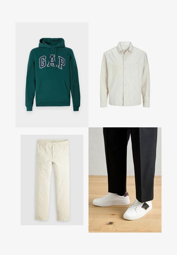 Camicia beige a bottoni realizzata in cotone con colletto classico, maniche lunghe, una tasca sul petto e una vestibilità rilassata. Texture liscia e morbida.; Felpa verde scuro in misto cotone, con un grande logo "G.A.P." in bianco e blu navy, tasca a marsupio frontale e cappuccio con coulisse.; Pantaloni ampi di colore beige chiaro con tre tasche, passanti per la cintura e design a gamba dritta. Realizzati in un morbido tessuto misto cotone.; Sneakers bianchi dalla texture liscia, con dettagli in pelle marrone e particolari neri, abbinati a pantaloni neri su misura. Sfondo in parquet.