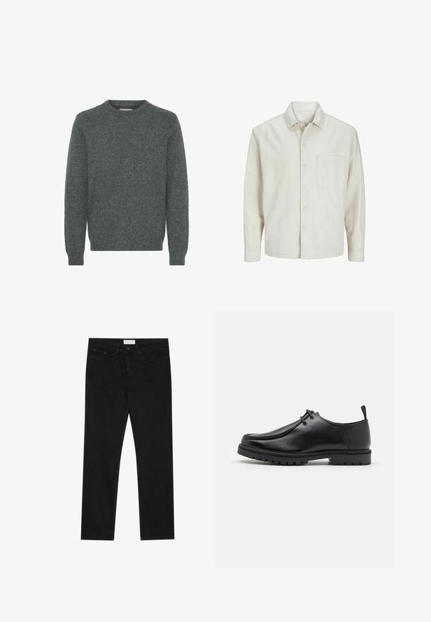 Beige painasärk, mis on valmistatud puuvillast, klassikalise kraega, pika varrukaga, ühe rinna taskuga ja lõdva lõikega. Sile, pehme tekstuur.; Harmaa pyöreäkauluksinen neulepaita, joka on valmistettu teksturoidusta neulekankaasta. Varustettu pitkillä hihoilla sekä resoreilla hihojen päällä ja helmassa. Ei kuvioita tai erottuvia yksityiskohtia.; Mustat suorat farkut, joissa on viisi taskua, napilla ja vetoketjulla varustettu sulkeminen, sekä Pier One -brändilogo vyötärölle.; Musta nahkainen nauhallinen kenkä, jossa on kestävä pohja ja kantapään vetohihna, esitetty sivuprofiilista valkoista taustaa vasten.