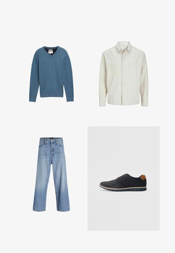 Camicia beige a bottoni realizzata in cotone con colletto classico, maniche lunghe, una tasca sul petto e una vestibilità rilassata. Texture liscia e morbida.; Pullover blu in cotone con scollo a V, maniche lunghe e polsini a costine. Presenta un piccolo logo sul petto e un tessuto morbido e strutturato.; Jeans a palazzo in denim blu chiaro con vita alta, dotati di chiusura a bottoni, design a cinque tasche e un leggero effetto sbiadito. Orli puliti.; Scarpe sintetiche nere con tomaia testurizzata, dettagli lisci, tacco marrone e suola a contrasto. Presentano una lacerazione minimale e dettagli di cucitura.